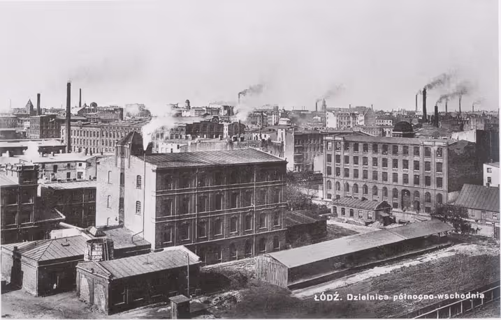 A view of factory roofs and smokestacks of Lodz's industrial area.