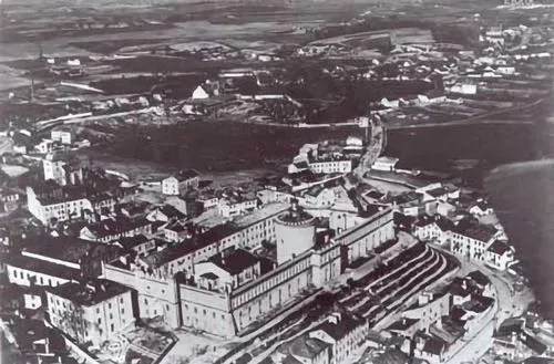 An aerial view of Lublin. The castle, (Zamek, in Polish) is in the center of the frame, and the old Jewish neighborhood, Podamcze, is just beneath it.