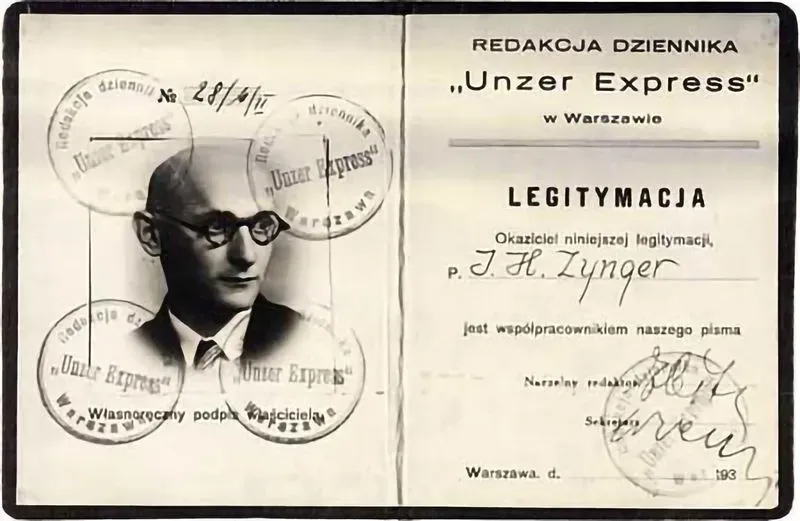 ID card of Israel Joshua Singer (1893-1944) - Yiddish novelist, dramatist, and journalist. Born in Bilgoraj, he lived most of his life in Warsaw, before emigrating to New York in 1933. Older brother of Isaac Bashevis Singer.