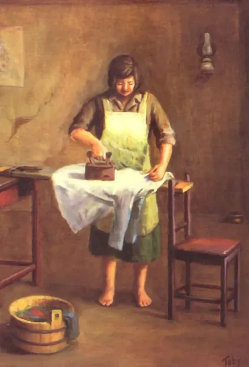 "Lajcie Ironing", showing her sister doing daily chores. Painting by Toby Knobel Fluek.
