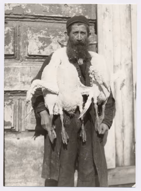 Lodz, 1933. In the Baluty neighborhood marketplace, a street merchant, with geese for sale, hung around his neck.