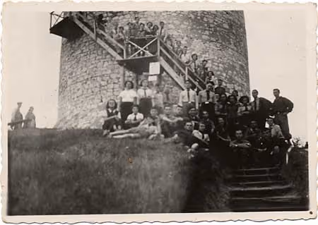 Members of a Tsukunft summer camp at the Bastille of Kazimierz the Great.  Tsukunft was the youth movement of the Bund, the Jewish Socialist party. (Kuzmir, 1936.)