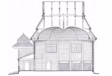 Cross sectional drawing of the wooden synagogue (Sopockinie, Belarus, 1927) Credit: Piechotka, Maria and Kazimierz, Wooden Synagogues (Warsaw: Arkady, 1959).