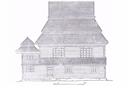 Drawing from the south of the wooden synagogue (Sopockinie, Belarus, 1927). Credit: Piechotka, Maria and Kazimierz, Wooden Synagogues (Warsaw: Arkady, 1959).