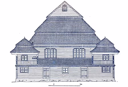 Drawing of the wooden synagogue (Sopockinie, Belarus, 1927). Credit: Piechotka, Maria and Kazimierz, Wooden Synagogues (Warsaw: Arkady, 1959). 