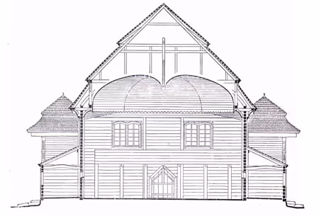 Longitudinal section drawing of the local wooden synagogue (Sopockinie, Belarus, 1927). Credit: Piechotka, Maria and Kazimierz, Wooden Synagogues (Warsaw: Arkady, 1959).