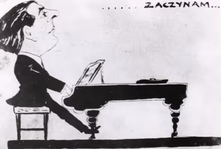 A caricature, by cartoonist J. Kahane, of conductor and musician, Professor Izrael Fajwiszyc. The title says (in Polish), "I begin." (Lodz, circa 1925).
