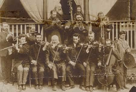 Ostrowiec, Poland. Turn of the Century. A 'modernized' Jewish kapelye ("band of musician") This band was at that time famous all over Poland.