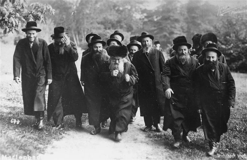 A Hasidic rabbi and his followers take the waters in Marienbad.
