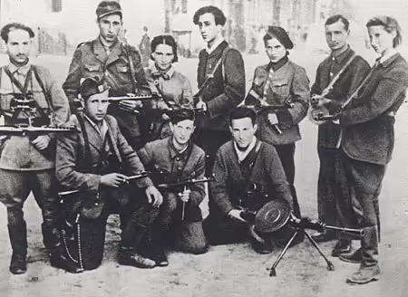 Jewish Partisans engaged in active resistance against the Nazi occupation; Abba Kovner is standing in the middle row (Vilna, circa 1944)
