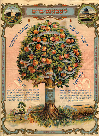 New Year card featuring the "Tree of Life", with each fruit representing a different virtue for the year to come (circa 1910).
