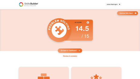 A screenshot showing the Skill-score that users receive after completing their questionnaire. This person has scored fourteen point-five out of fifteen in their Problem Solving skills.