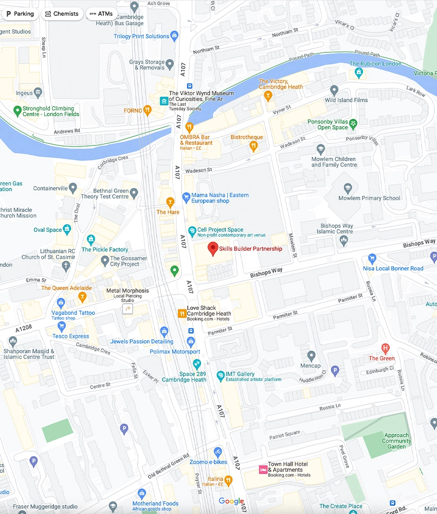 A map displaying the location of the Skills Builder office in Cambridge Heath, London. The address is: 244-254 Cambridge Heath Road London