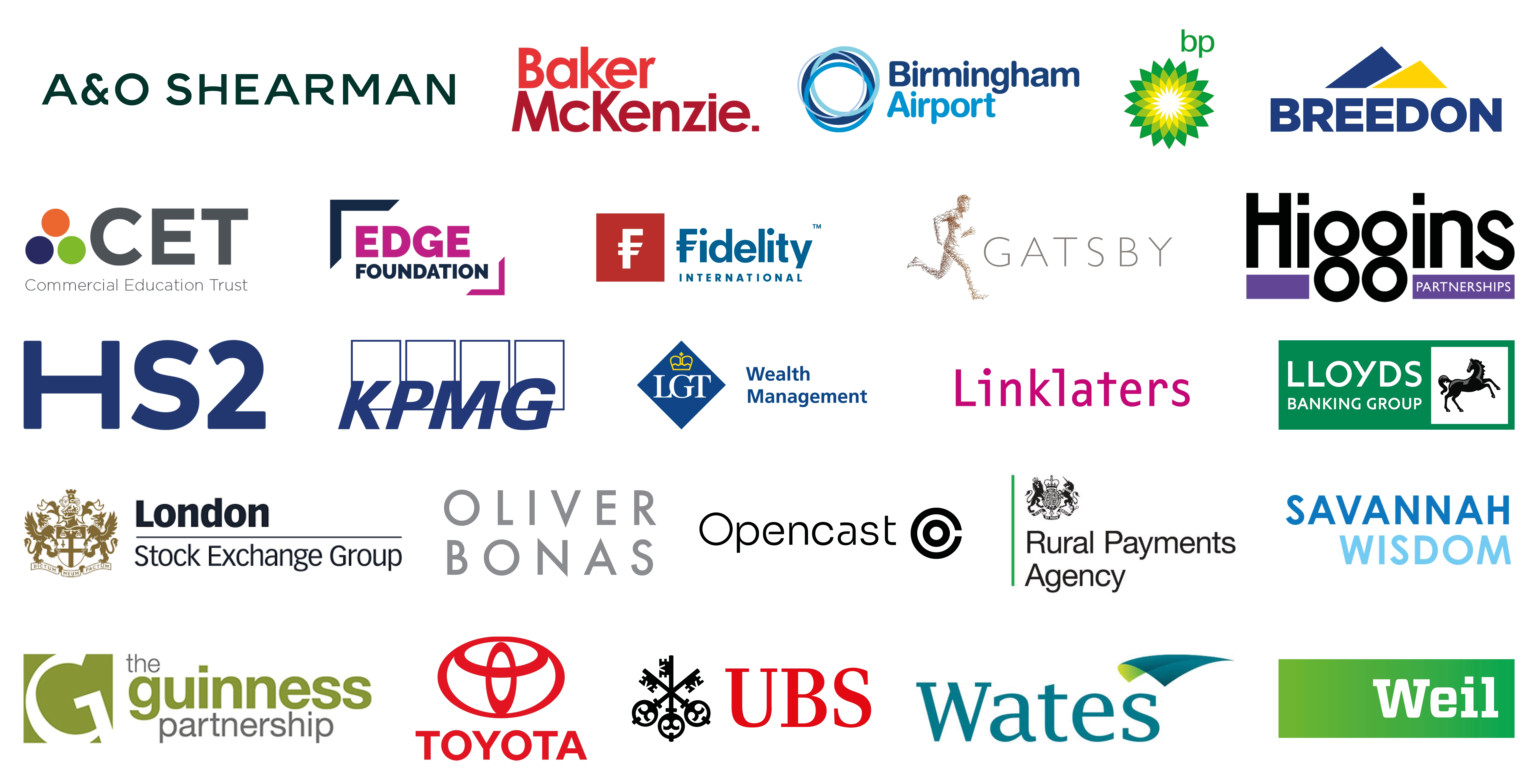 An image displaying our Collective Impact Partners. Organisations in this list include: A&O Shearman, Baker McKenzie, Birmingham Airport, BP, Breedon Cement Ltd, Commercial Education Trust, Edge Foundation, Fidelity UK Foundation, Gatsby Charitable Foundation, Higgins Partnerships, HS2, KPMG, LGT Wealth Management, Linklaters, Lloyds Banking Group, London Stock Exchange Group, Oliver Bonas, Opencast, Rural Payments Agency, Savannah Wisdom Foundation, The Guinness Partnership, Toyota GB Plc, UBS, Wates, Weil