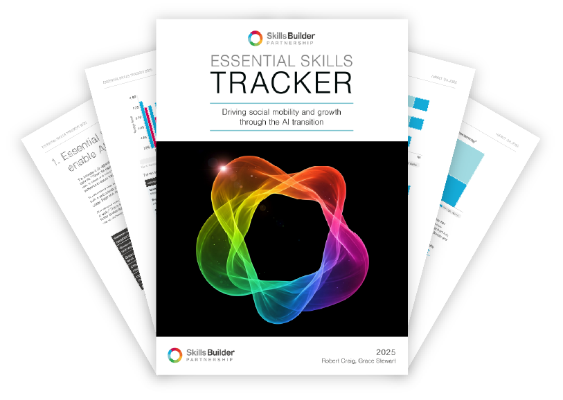 A mock-up of the Essential Skills Tracker 2025 report. Is shows pages of the report arranged on top of each other in a fan shape. 