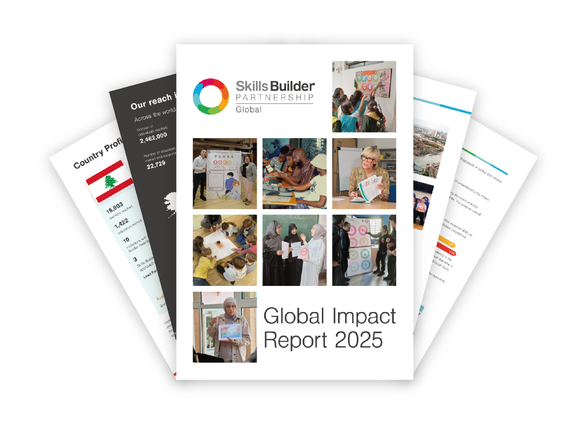 An image of the Global Impact Report 2025 displaying the front cover and pages arranged in a fan shape.