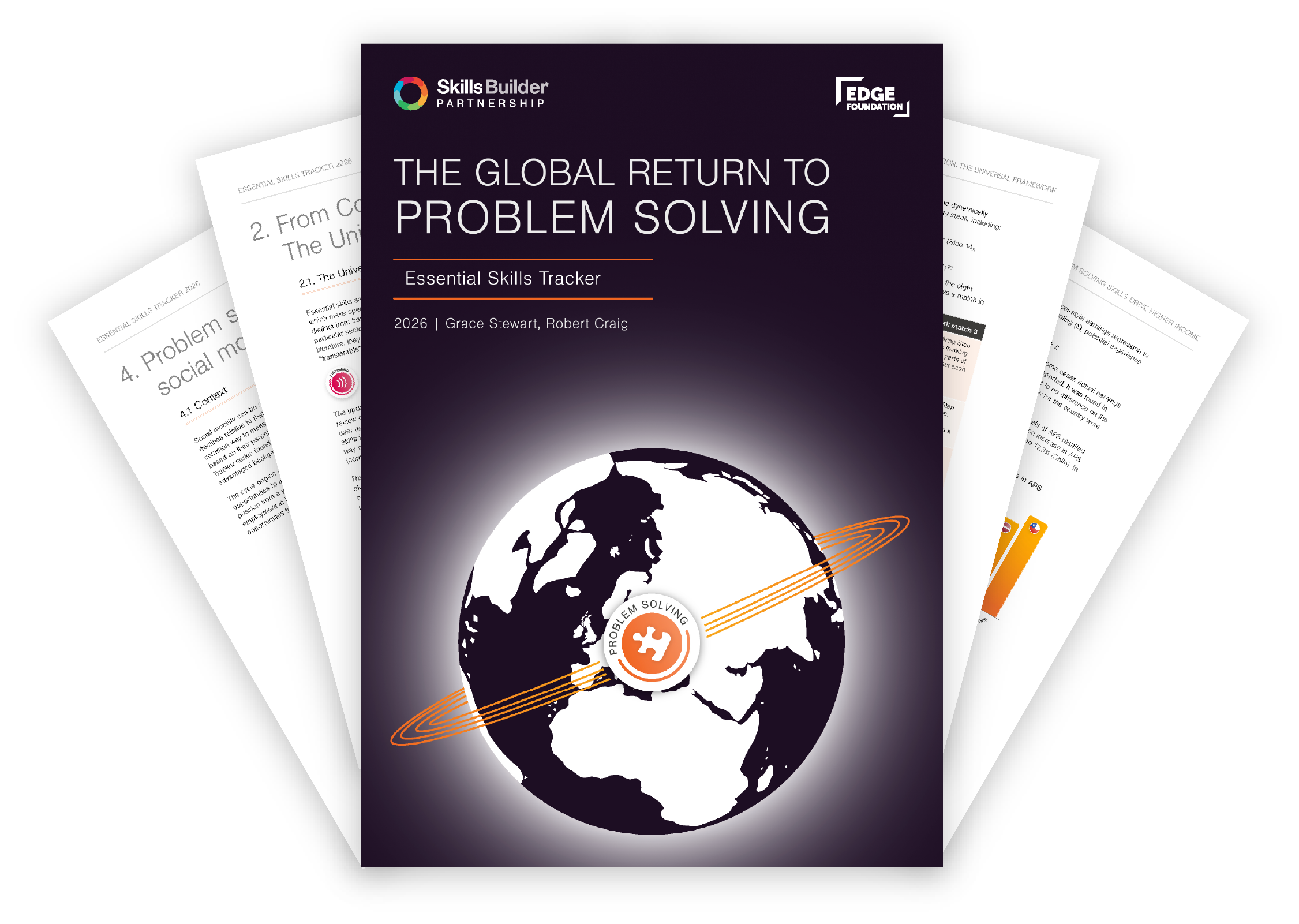 A mockup of the Essential Skills tracker 2026. It shows the front cover and inner pages of the report arranged in a fan shape.
