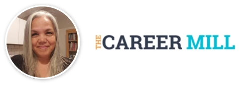 An image of Enid in a circular frame, she is a woman with straight grey hair, a black top and a warm, happy smile. Next to it is an image of the Career Mill logo.