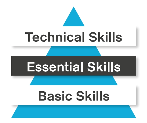 A pyramid graphic starting with basic skills, to essential skills, to technical skills.