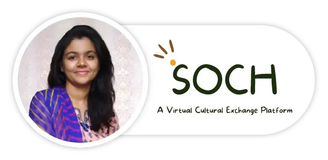 An image of Divya Uppal inside a circular frame next to the SOCH logo. She is wearing a blue-gold sari, has long black hair and has a proud smile.