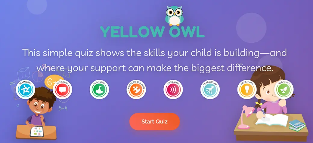A screenshot of a quiz inside the Yellow Owl online magazine. The screen shows the eight essential skills icons, with a title reading "This simple quiz shows the skills your child is building – and where your support can make the biggest difference."