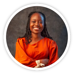 A portrait of Omoyemi Adeayo in a circular frame. She is an African woman with breaded hair and a bright, warm smile. She is wearing a loose-fitting, silken, saffron-orange coloured dress.