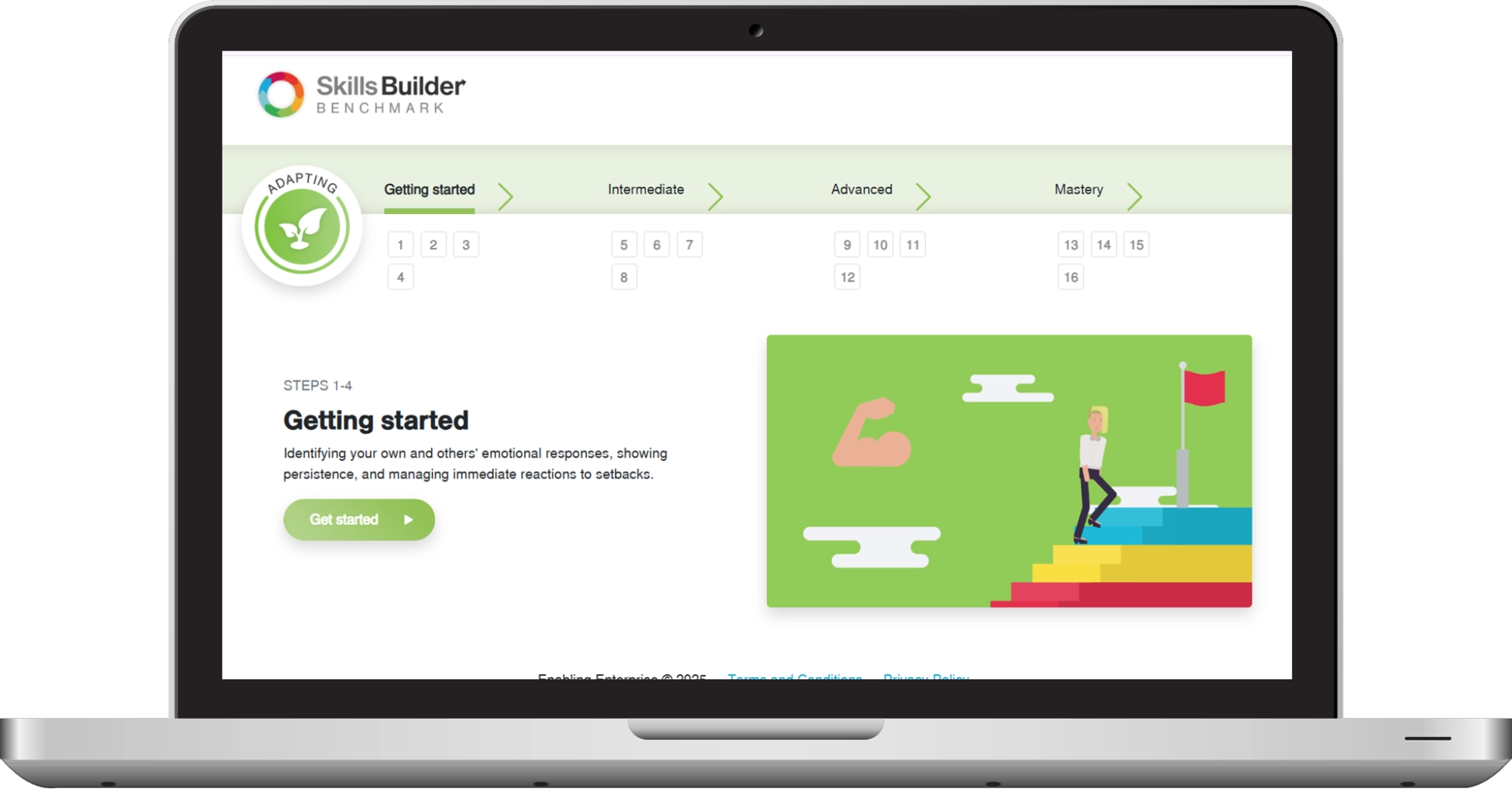A mockup of Skills Builder benchmark on a laptop displaying the skills assessment for Adapting