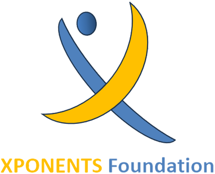The Xponents Foundation logo. A blue and a yellow stroke intersecting to form a cross, with an oval for a head, forming an abstract shape of a person.