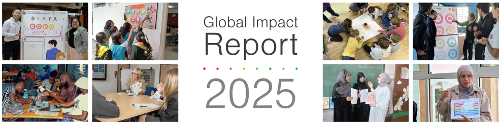 Part screenshot of the Global Impact Report 2025 webpage with two lots of colourful photo thumbnails on either side of the title