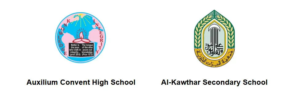 The Auxilium Convent High School and Al-Kawthar Secondary School logos side-by-side