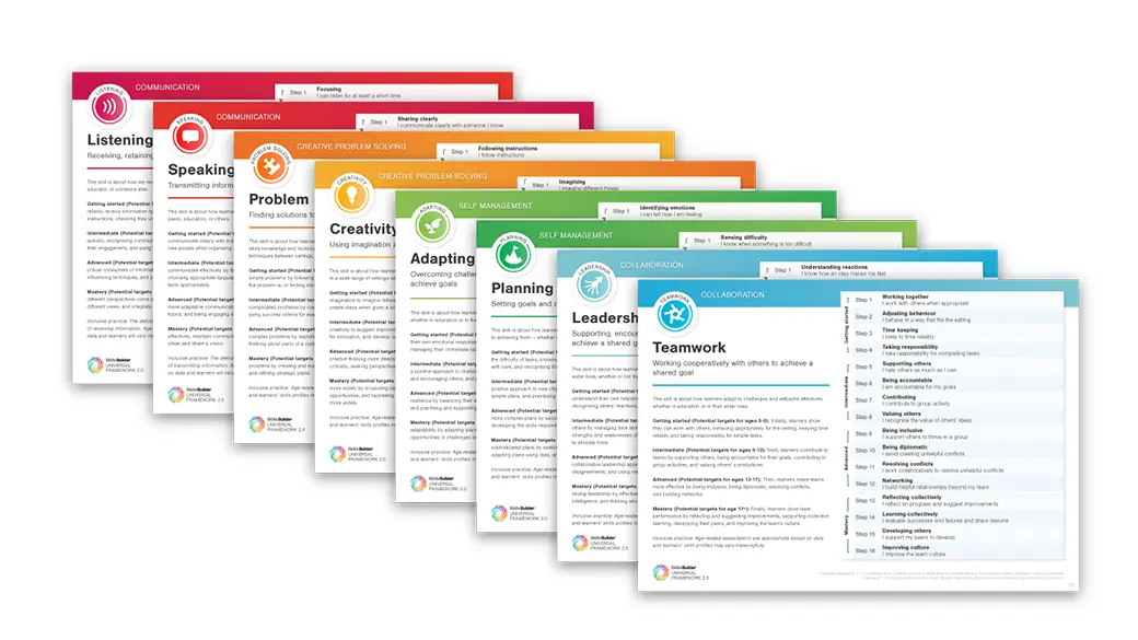An image displaying pages of the Skills Builder Toolkit layered on top of each other, displaying each of the eight Essential Skills.