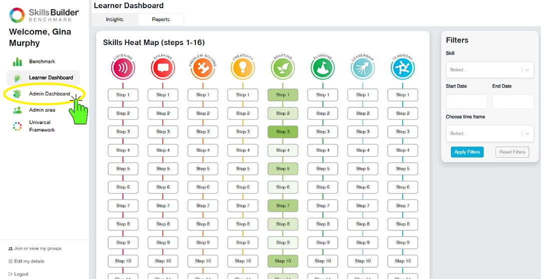 A screenshot of the updated Admin Dashboard in Benchmark. It allows users to access a heatmap of where their learners essential skills are across the framework.