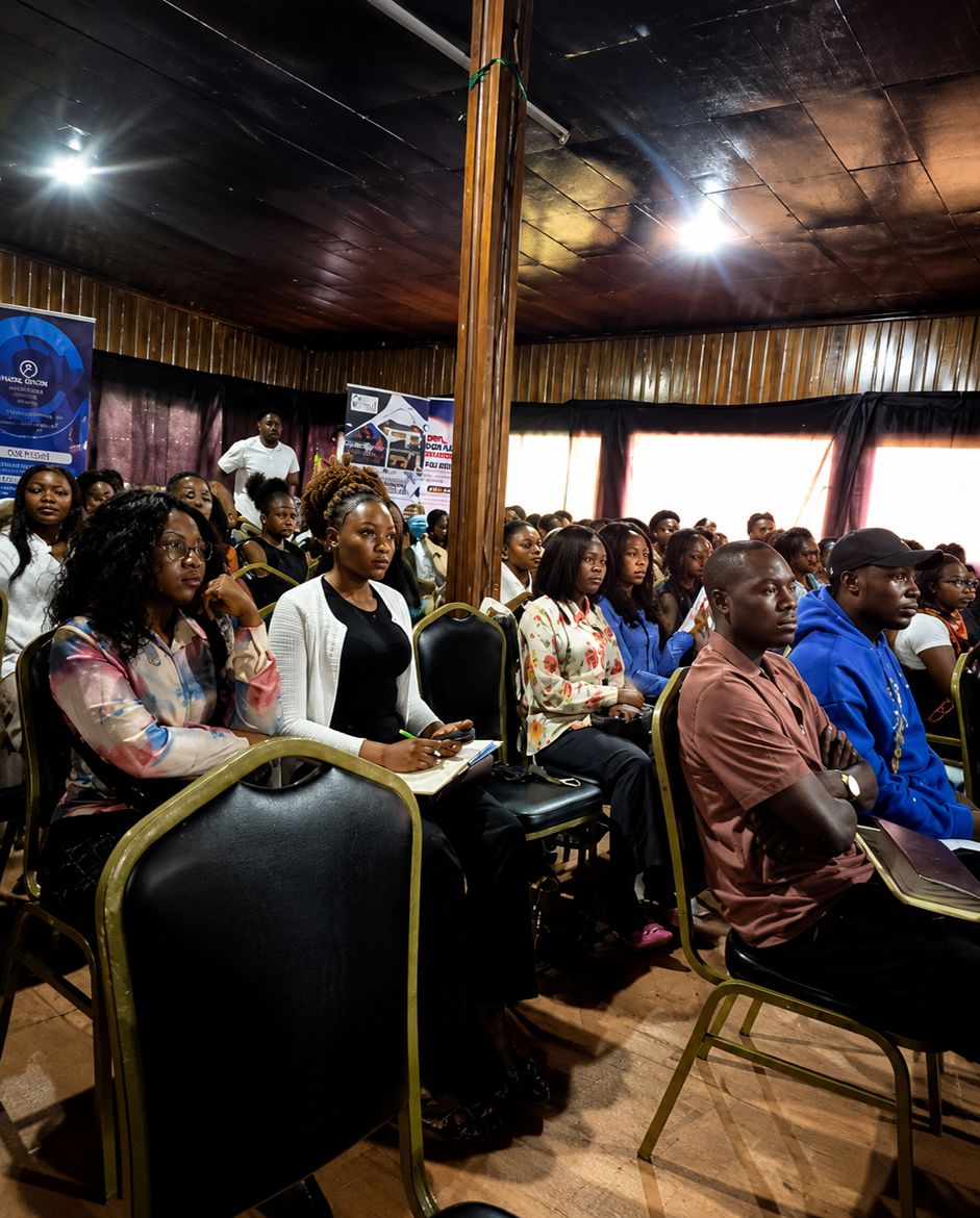 Audience seated in chairs listening attentively during an indoor seminar or conference