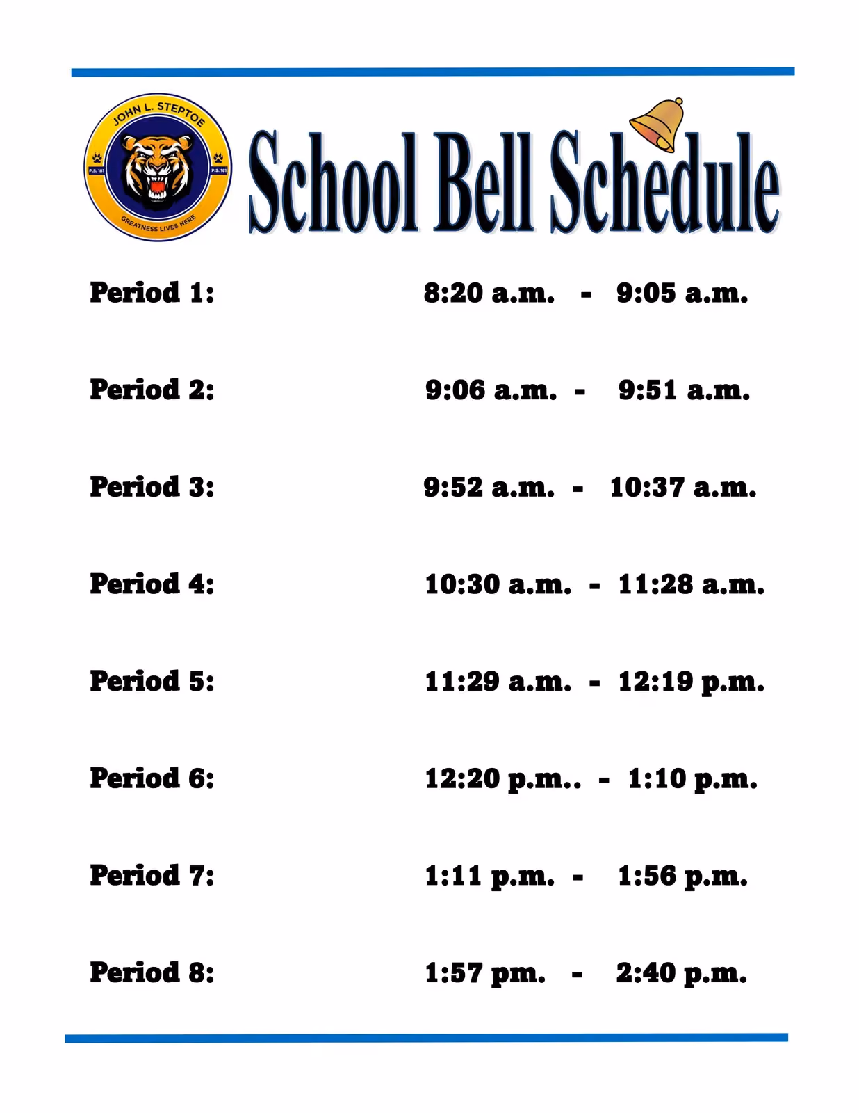 Daily class period schedule with start and end times
