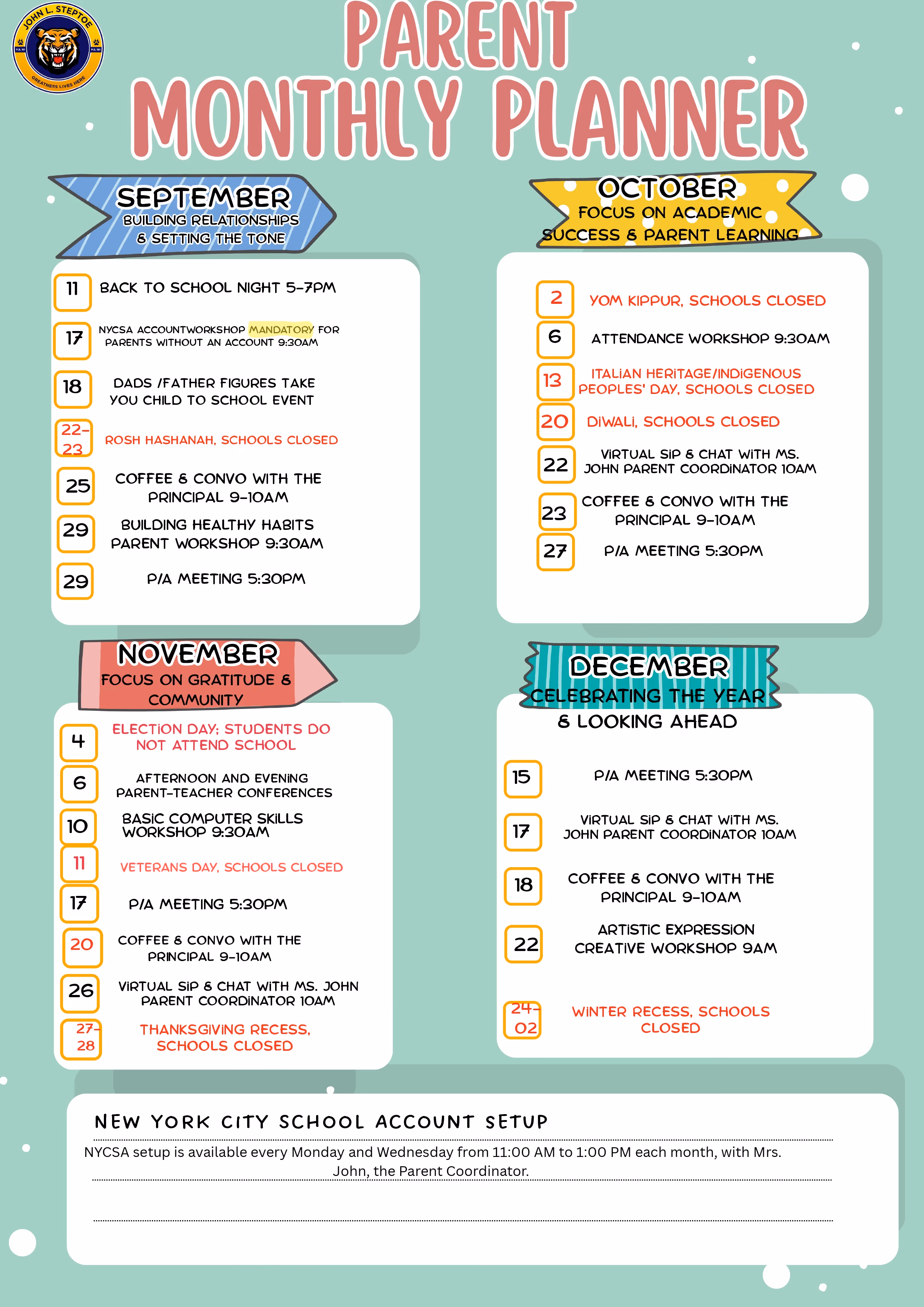 Parent monthly planner for September through December school events
