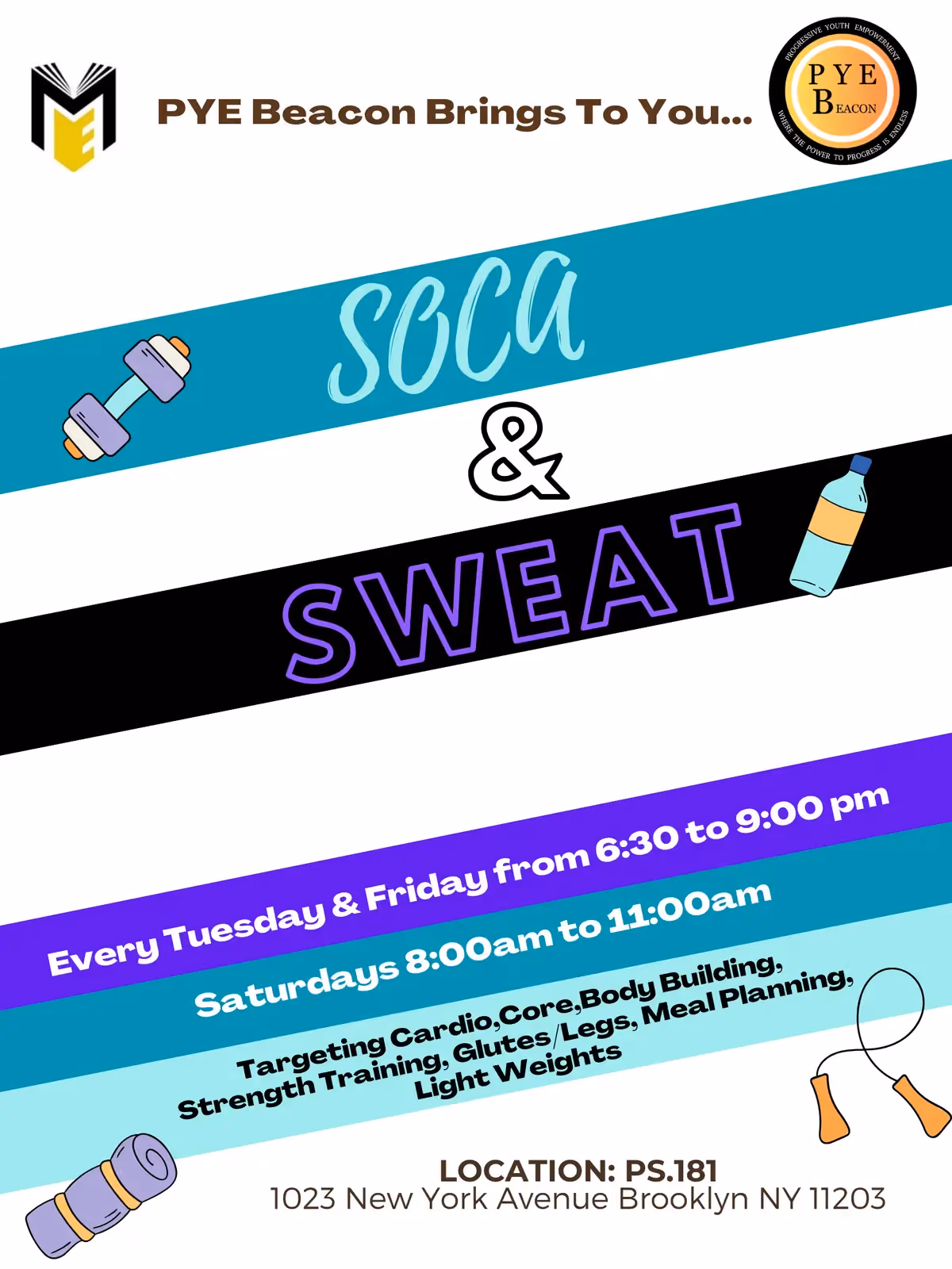 Soca and Sweat fitness program poster with schedule and location details
