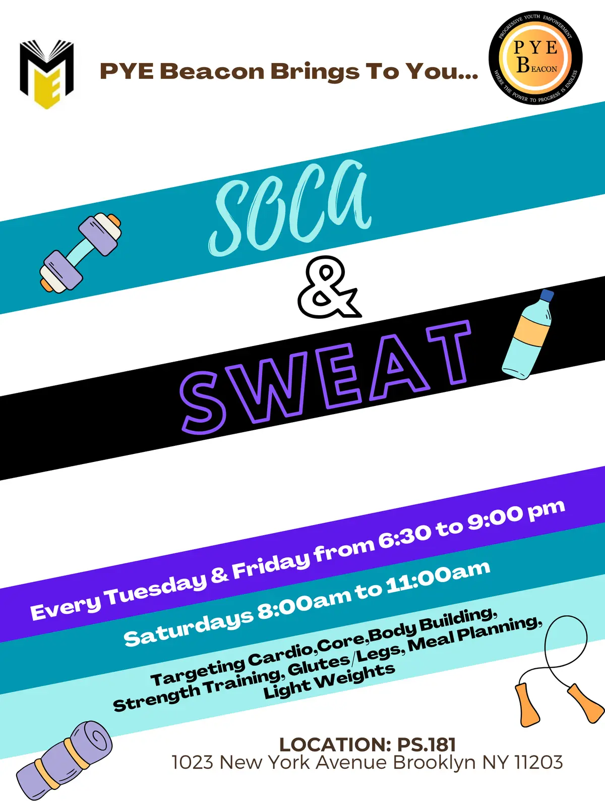 Soca and Sweat fitness program poster with schedule and location details