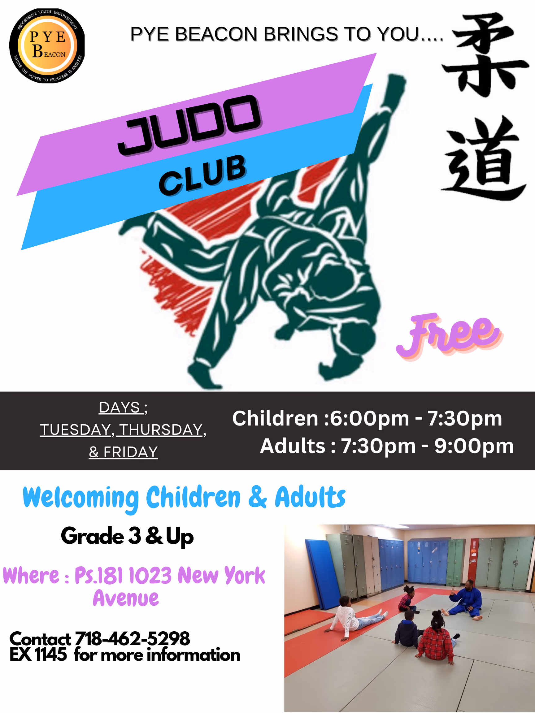 Judo club promotional flyer with schedule and location details