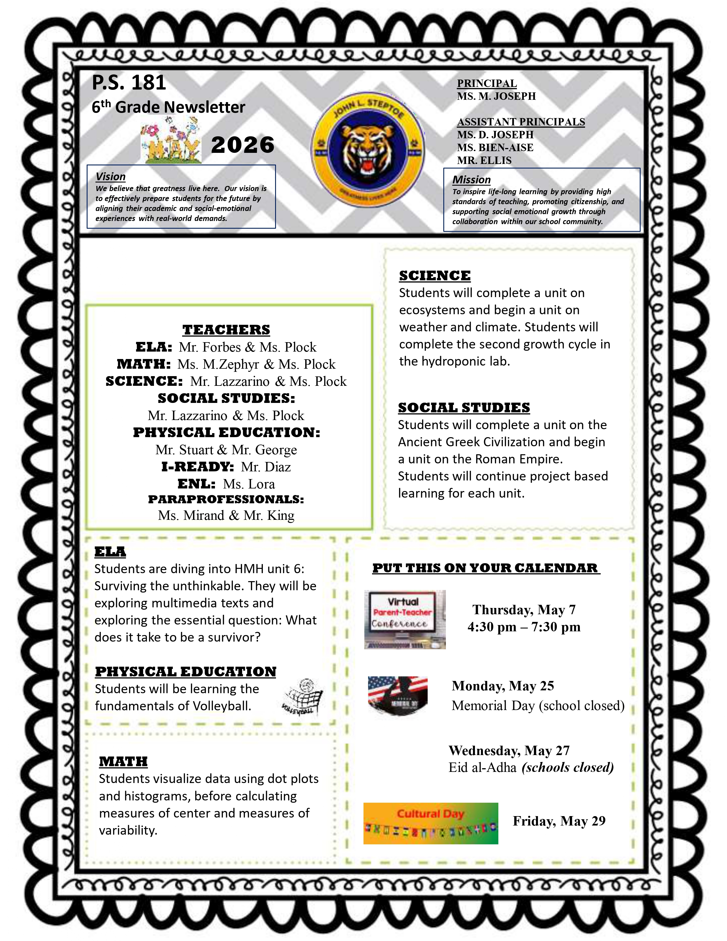 P.S. 181 sixth grade newsletter for May 2026