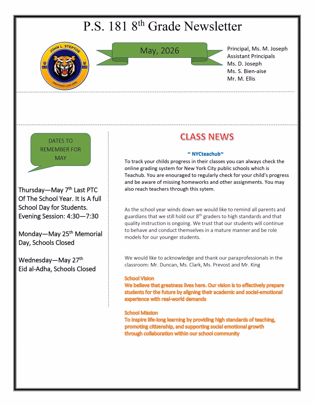 P.S. 181 eighth grade newsletter May 2026