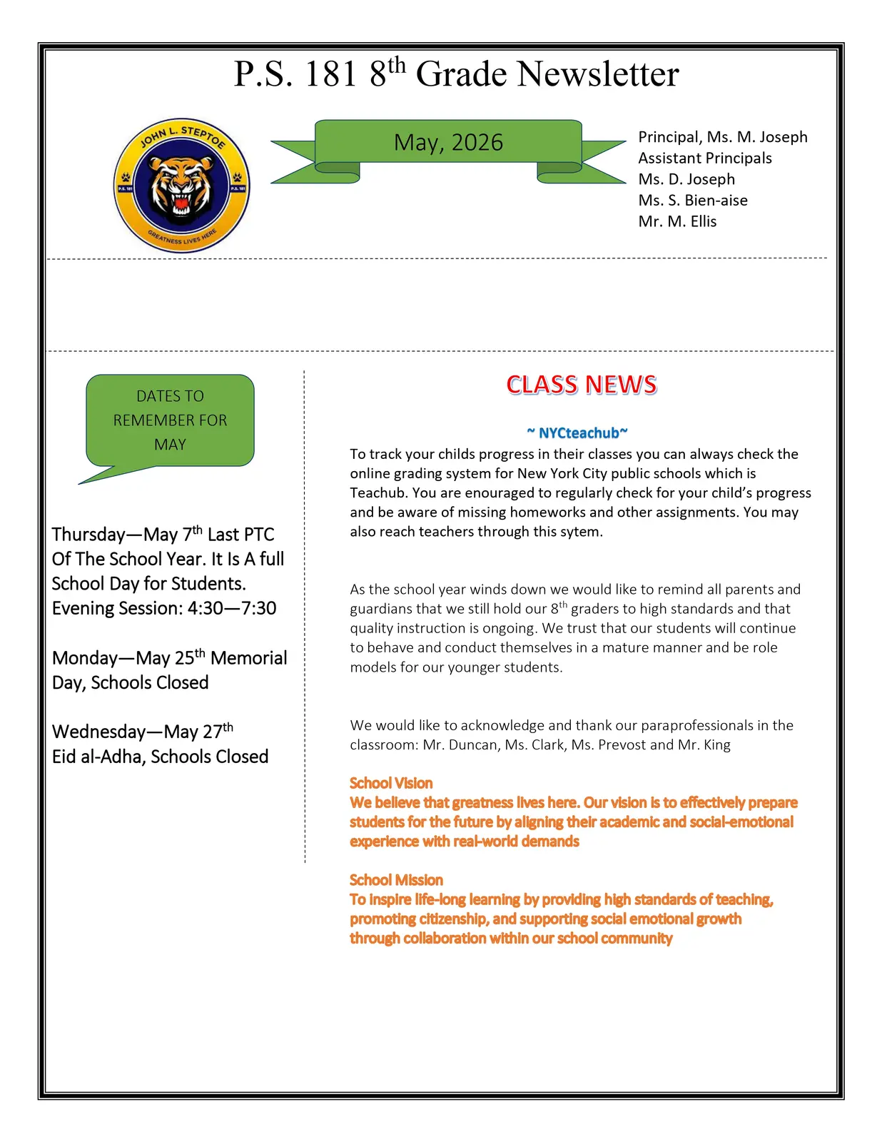 P.S. 181 eighth grade newsletter May 2026