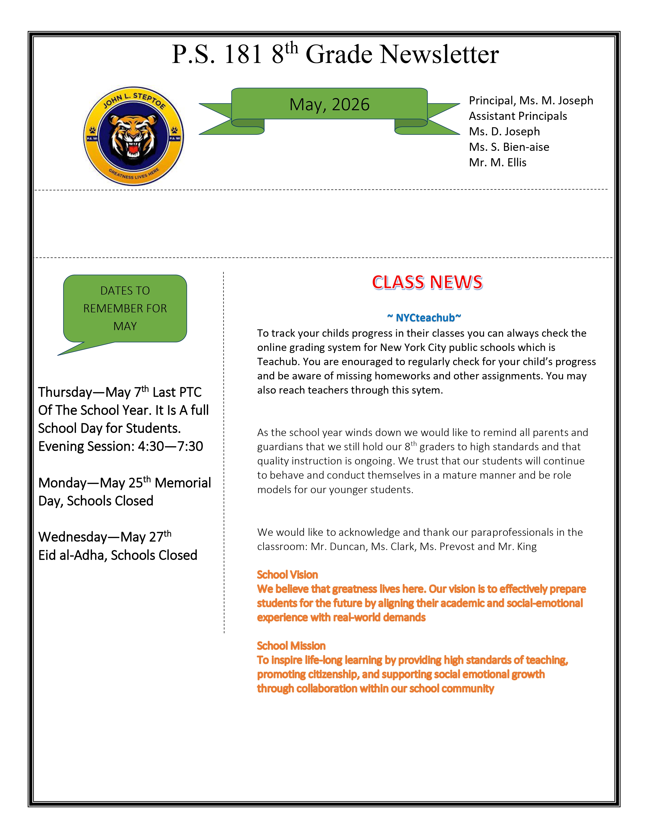 P.S. 181 eighth grade newsletter May 2026