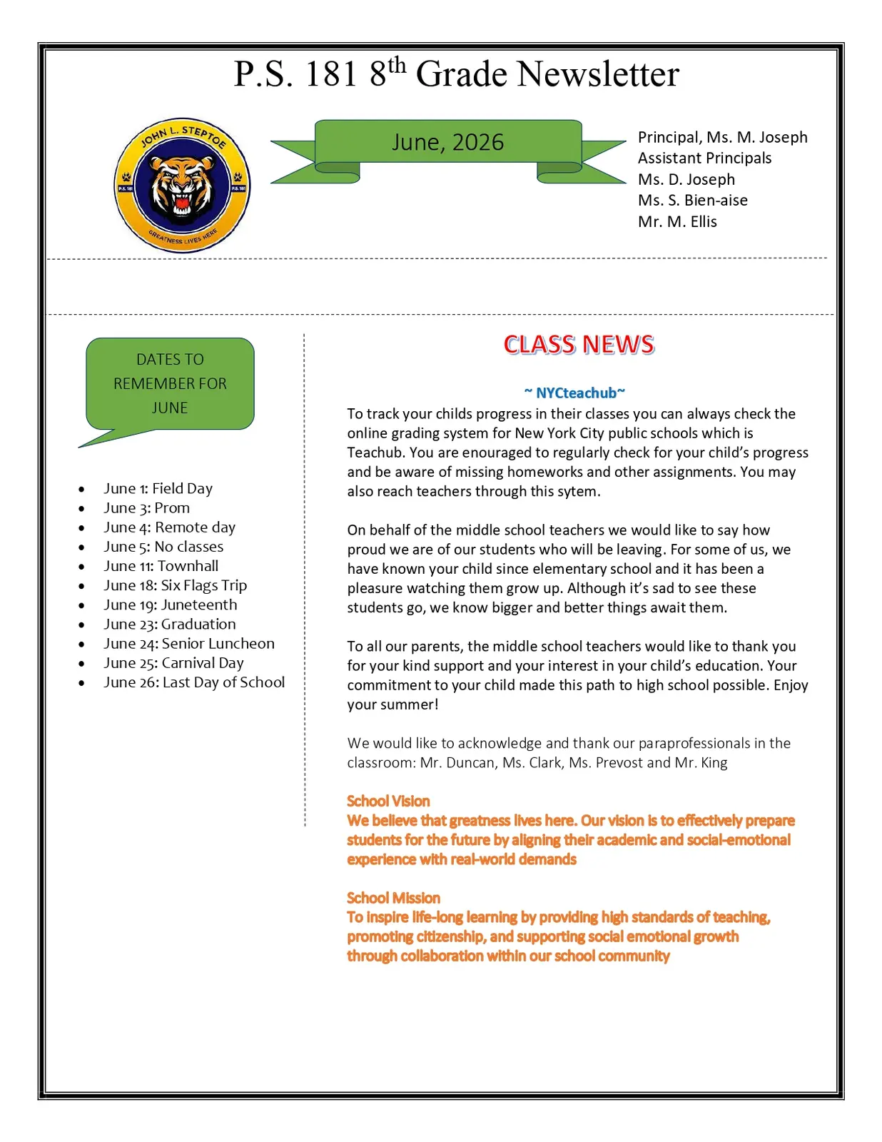 PS 181 eighth grade June 2026 class newsletter with school dates