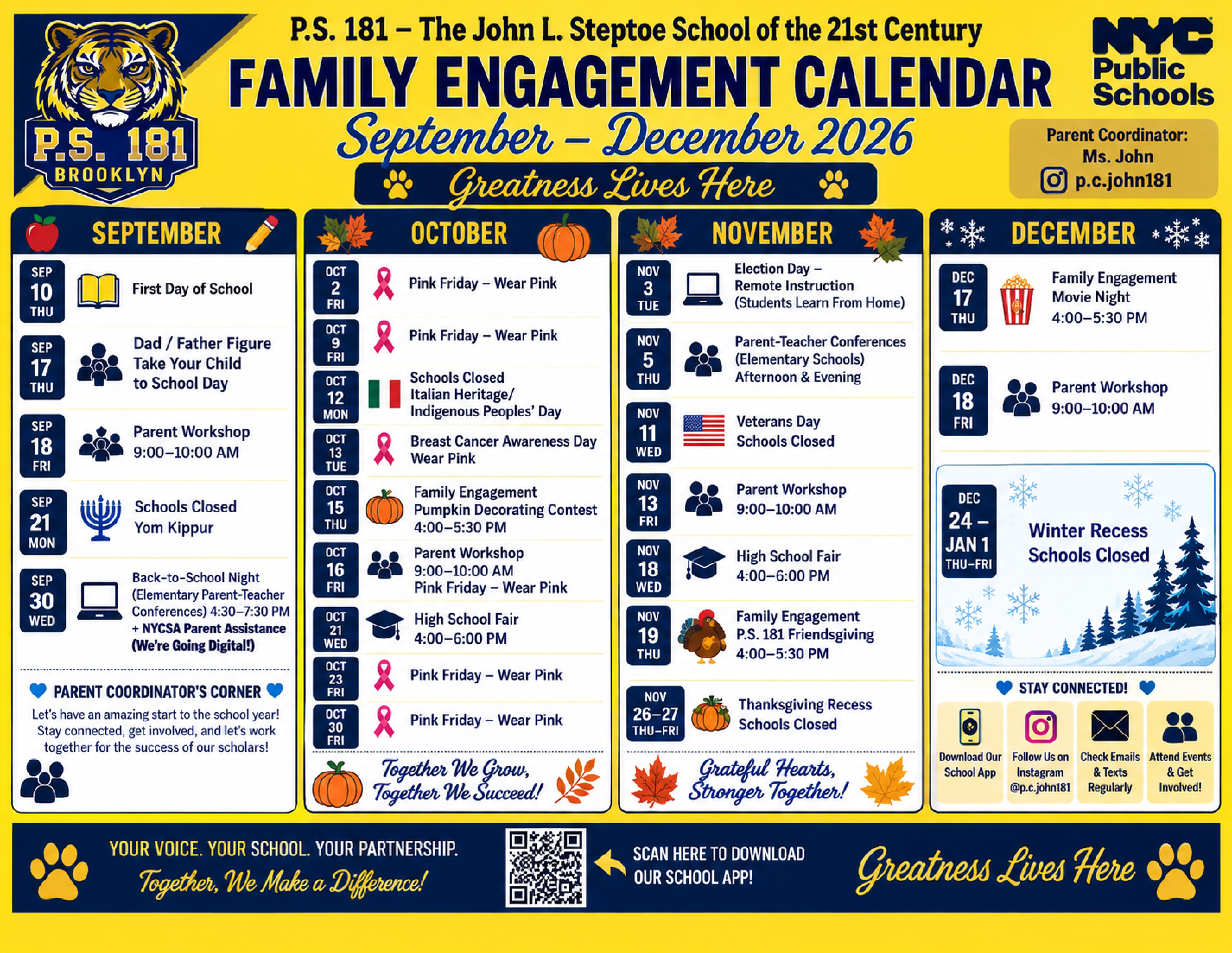 PS 181 Family Engagement Calendar September through December 2026
