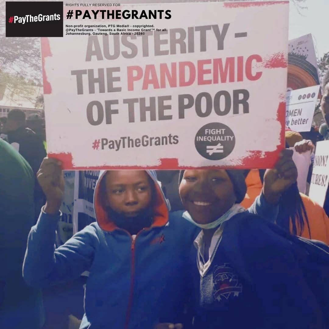 Two people holding a sign reading 'Austerity - The Pandemic of the Poor' with hashtags #PayTheGrants and a 'Fight Inequality' symbol.