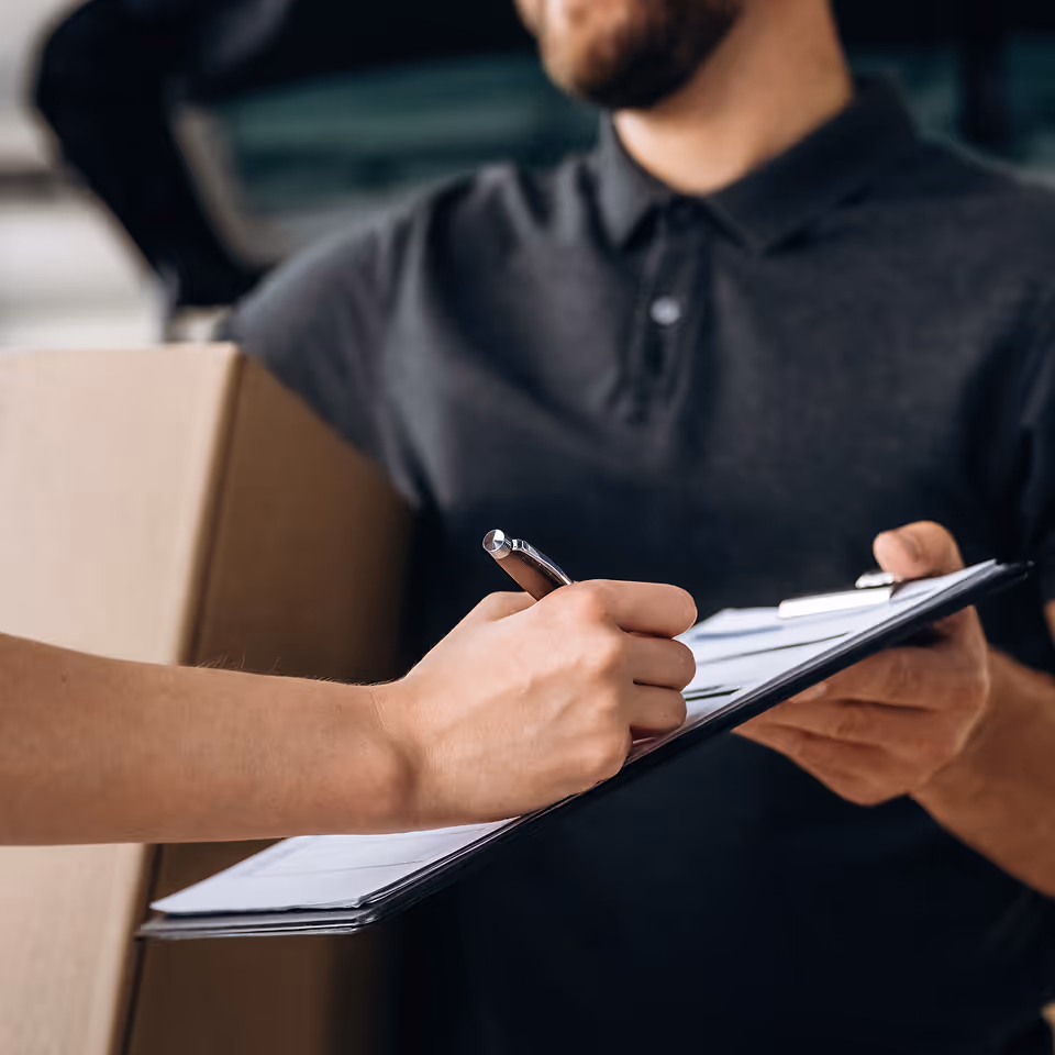 A man holding a clipboard and a pen in his hand.