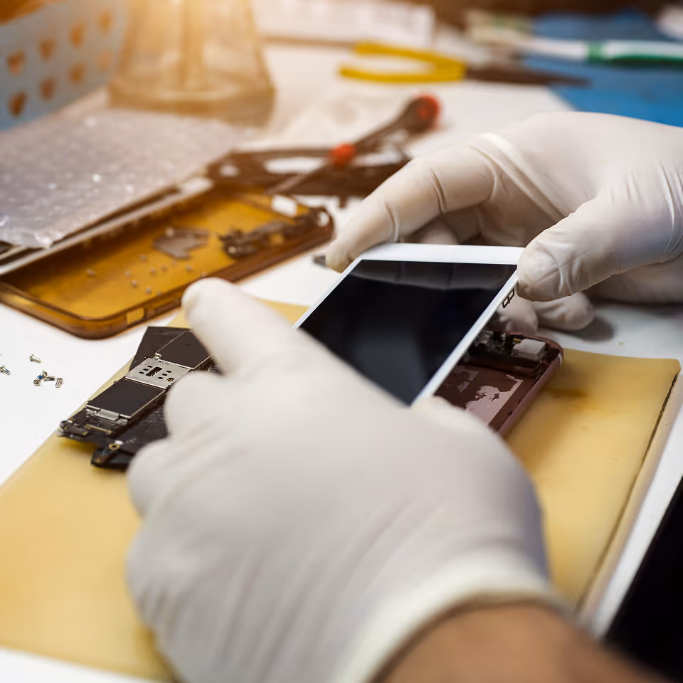 A person in white gloves and gloves holding a cell phone.