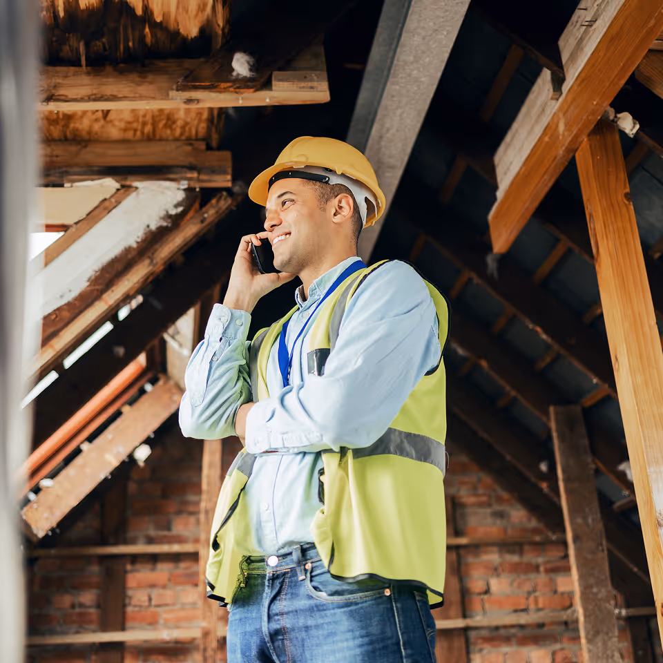 A construction worker talking on a cell phone.