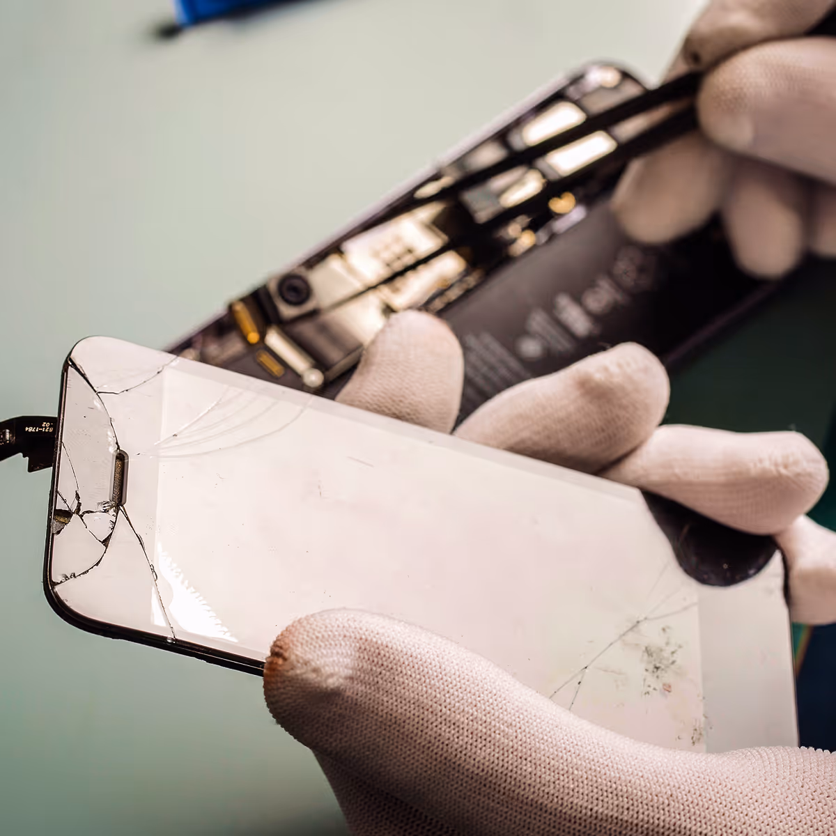 A person holding a broken cell phone in their hands.
