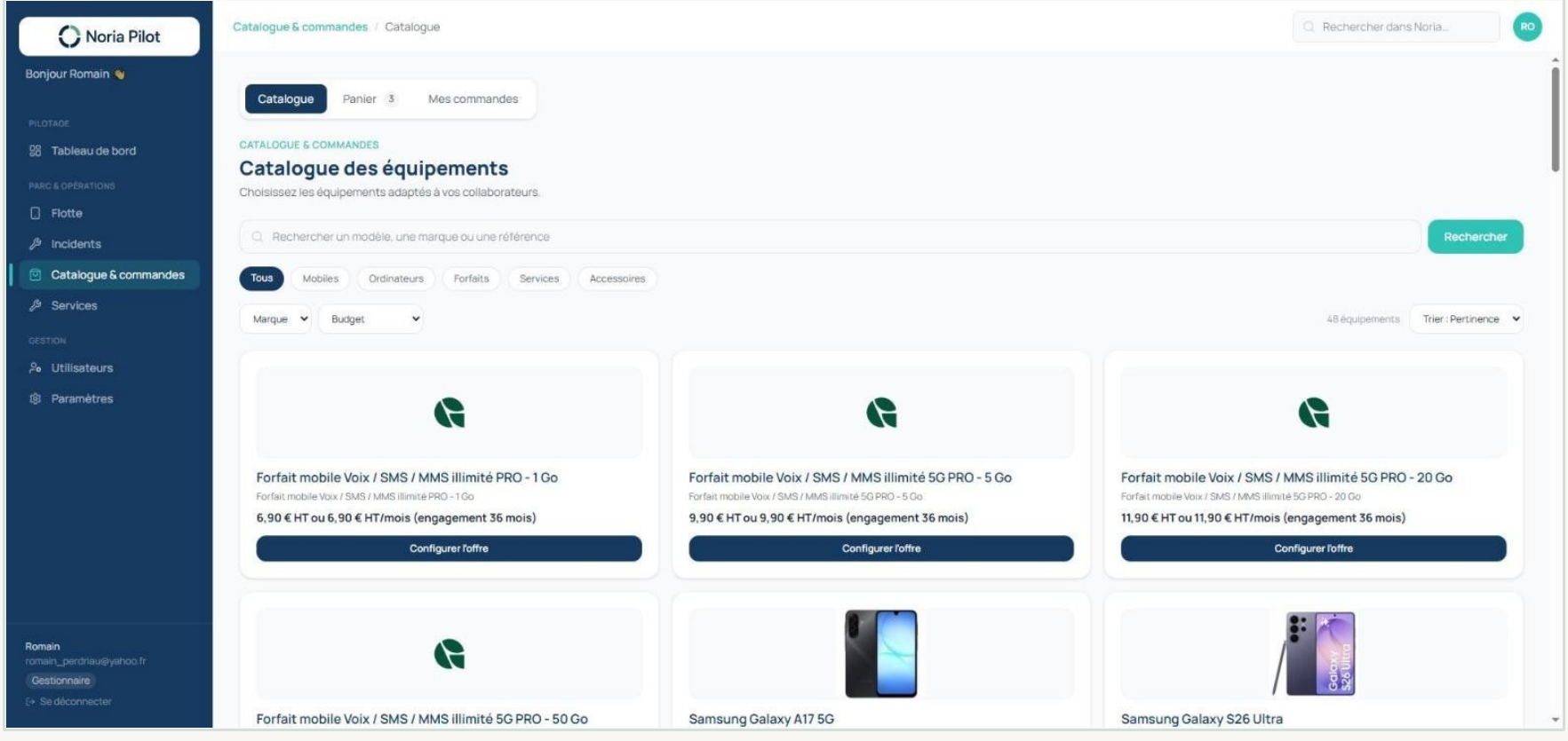 Interface Noria Pilot — catalogue des équipements et commandes